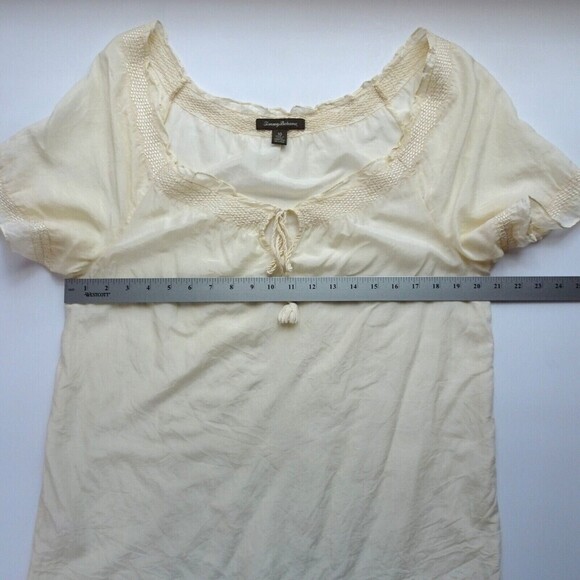 TOMMY BAHAMA Women's Top Silk Cotton Sheer Blouse Tunic Tassel Front Tie Size 10 - Picture 11 of 13
